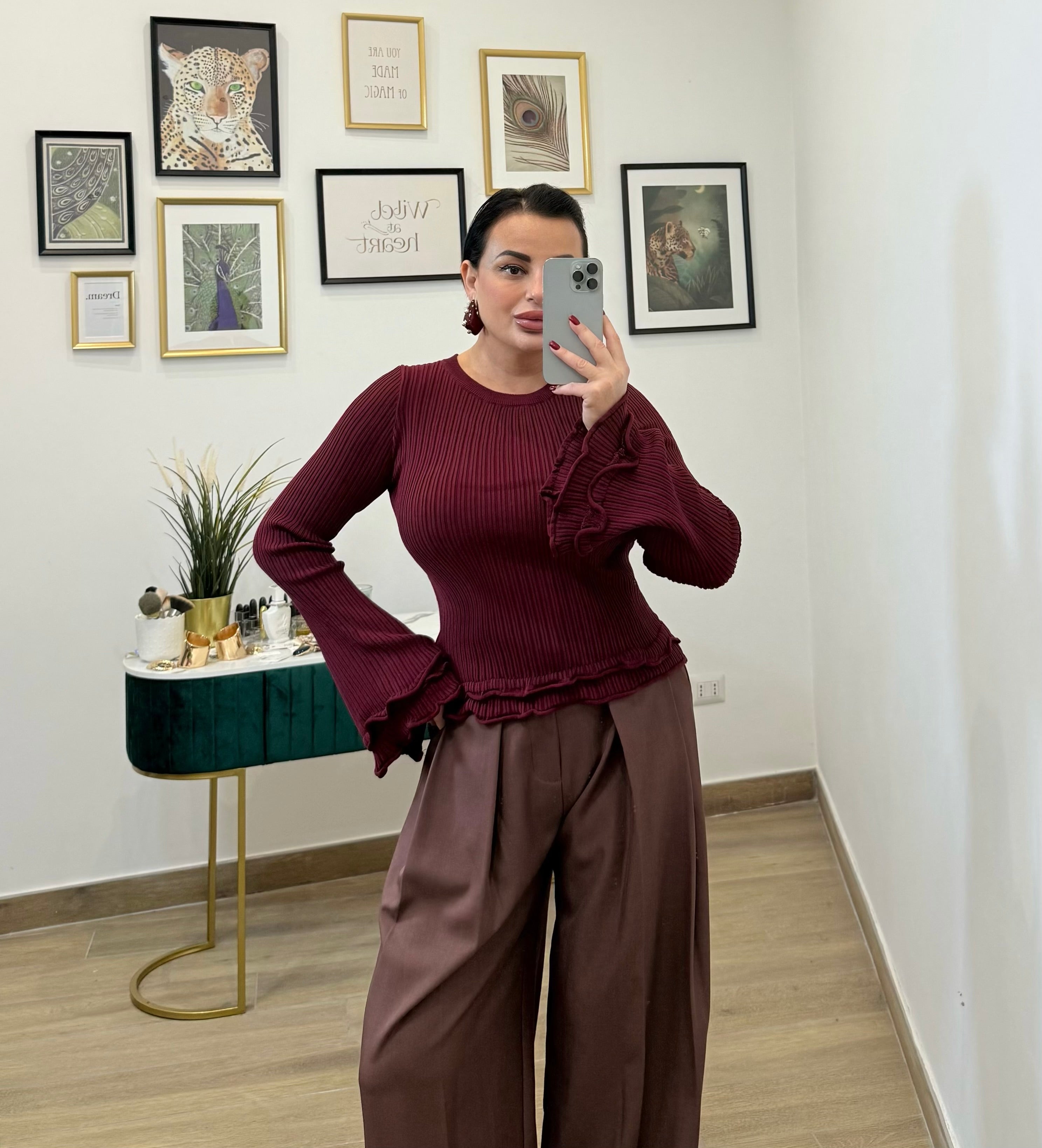 Maglia costine volant bordeaux