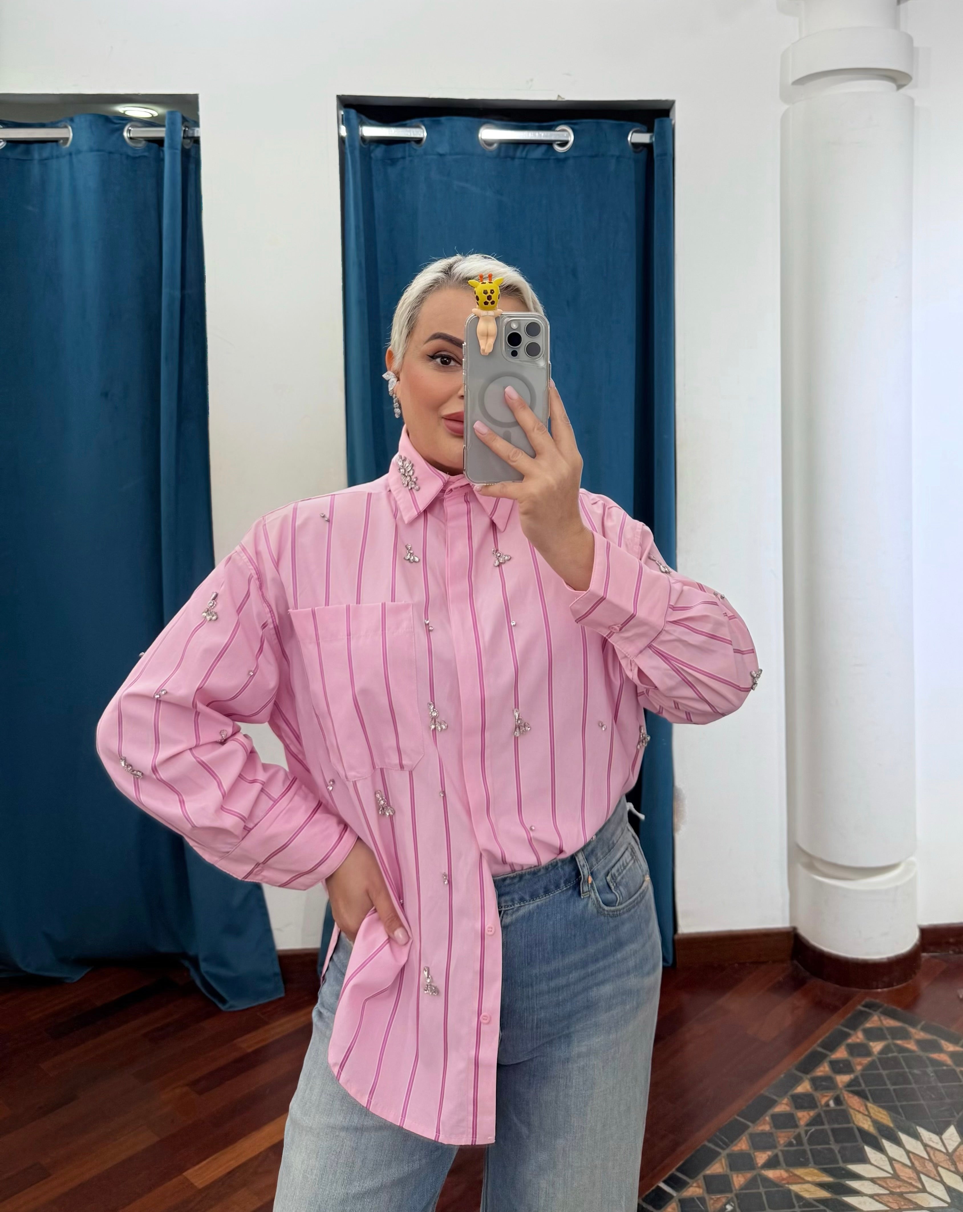Camicia Righe Swarovski Pink