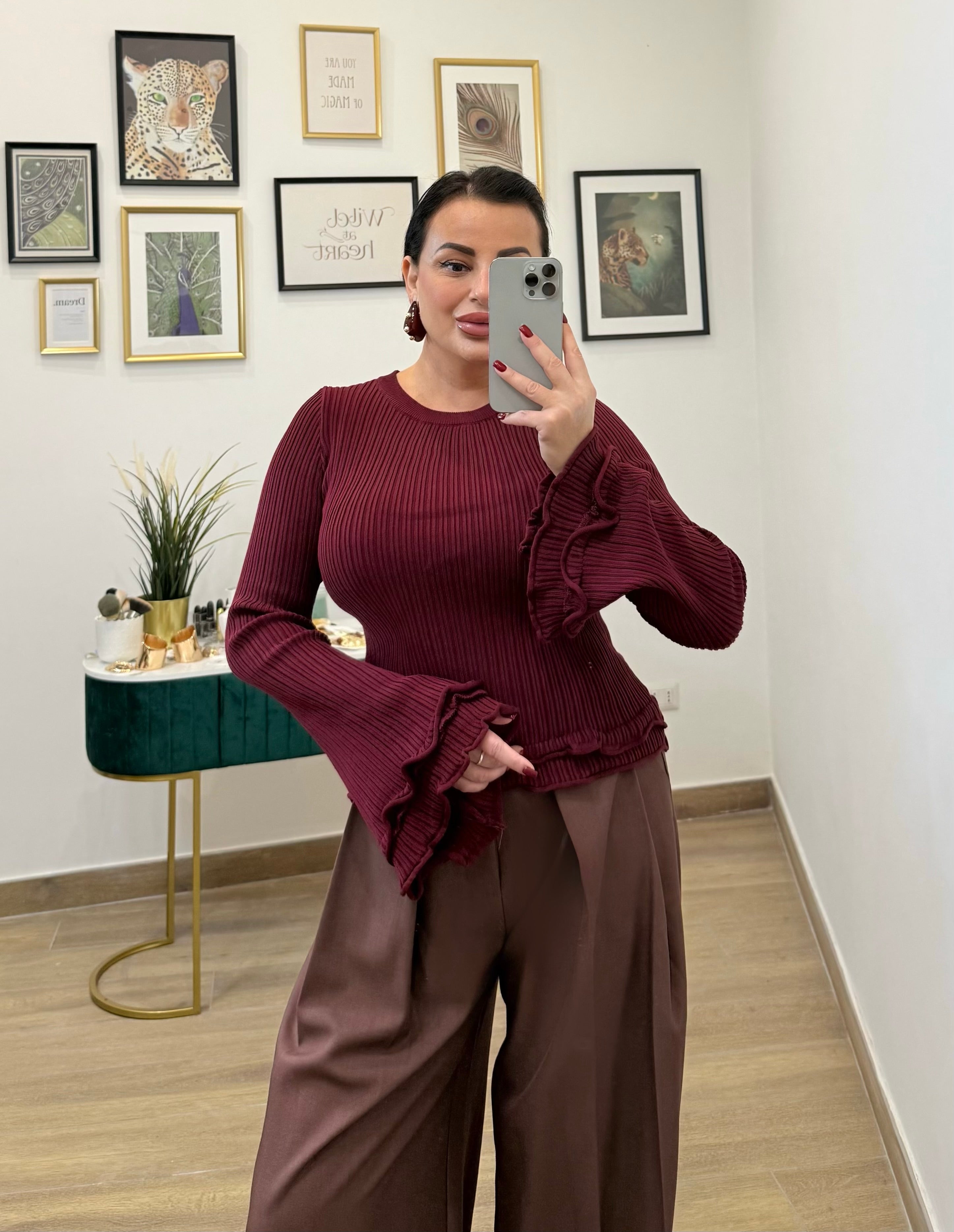 Maglia costine volant bordeaux