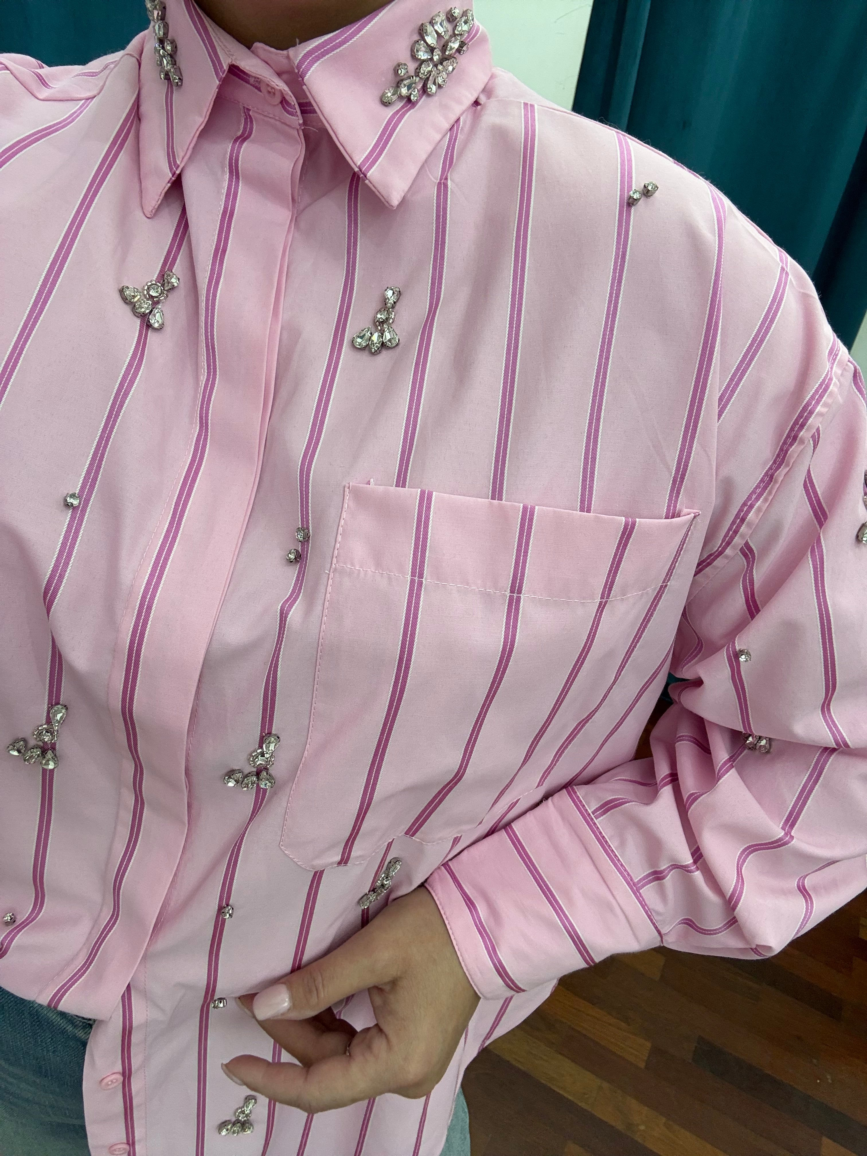 Camicia Righe Swarovski Pink