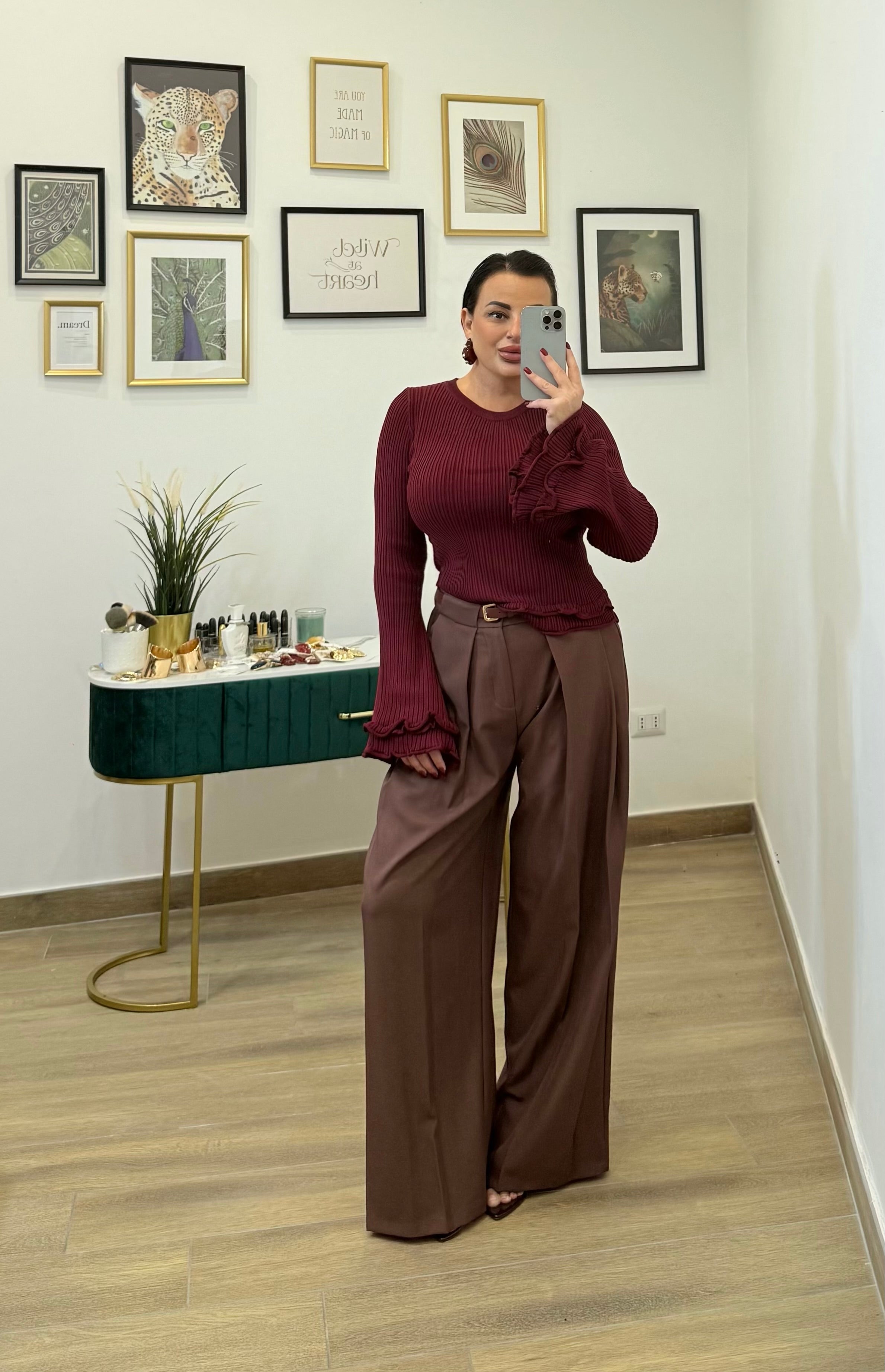 Maglia costine volant bordeaux